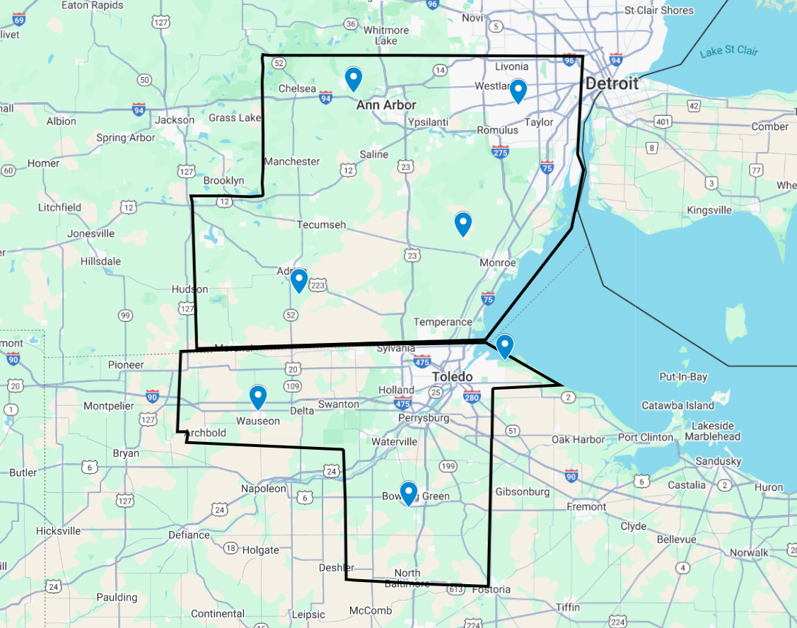 Ohio and Michigan Service Areas Updated Wide Temperance MI service areas map